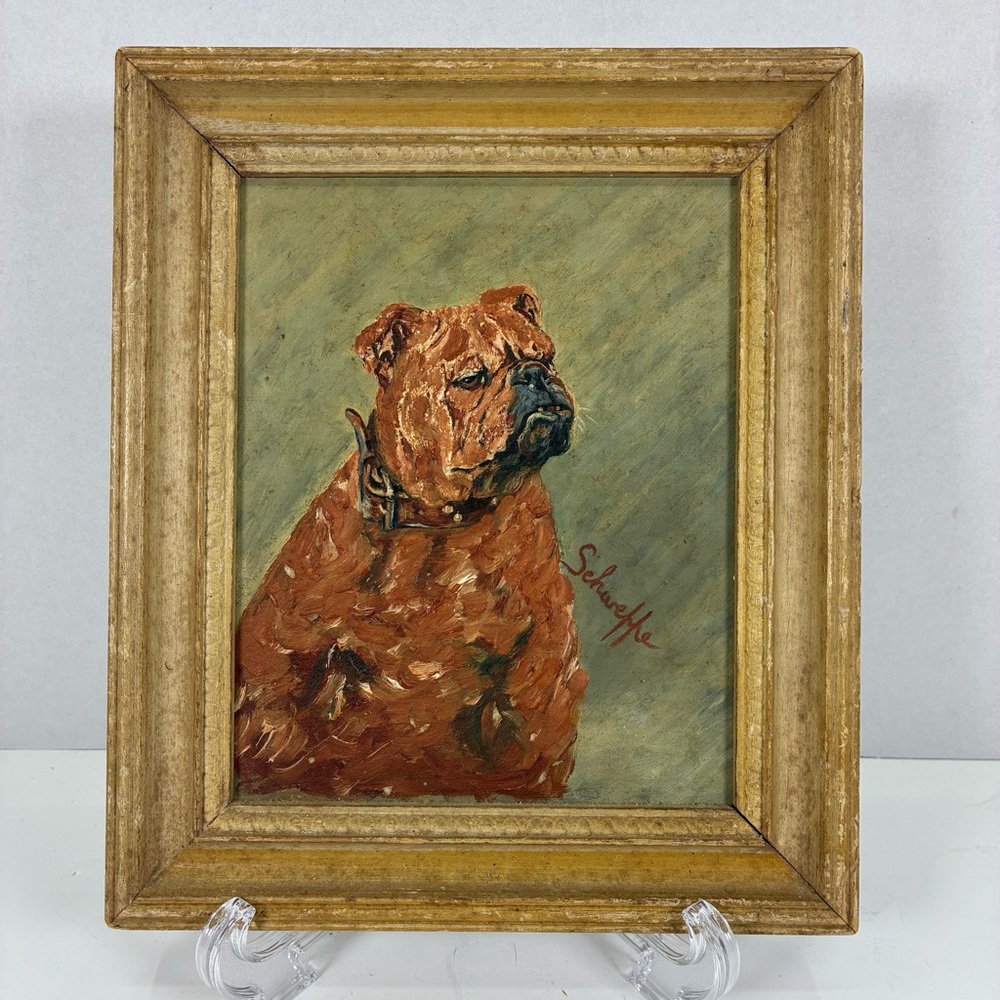 Artist Signed Original Oil Painting Framed English Bulldog Schweffer Cottagecore
